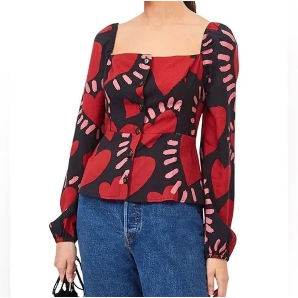 Farm Rio Long Sleeve Hearts Blouse Buttons Red Cropped Square‎ Neck Sz M NWT